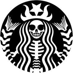 a starbucks logo with a skeleton in the middle