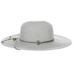 Soft tweed braid sun hat for maximum sun protection. Multicolor straw braid creates a unique look. Dark grey hat is a combination of black, grey and beige color straw. Light grey hat is made of grey, beige and white straw. Classic sun hat with slightly floppy brim, 4" wide. Dome crown. Leatherette band and chin strap with wood bead. Ribbon inner band with drawstring. Packable, crushable. UPF 50+ UV blocking sun hat. One size, best fit medium/large, 58 cm, 22.8". 75% paper, 25% polyester blend. Grey Hat, Straw Sun Hat, Grey Beige, Grey And Beige, Sun Hat, Wide Brimmed, Beige Color, Wood Beads, Sun Hats