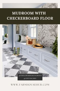 mudroom with marble checkerboard floor Marble Checkerboard Floor, Black And White Checkerboard Floor, Blue Cabinetry, Stylish Aesthetic, Marble Flooring