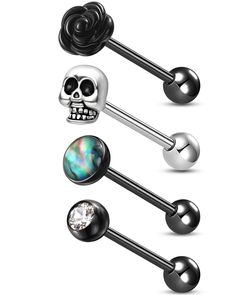 PRICES MAY VARY. Product Introduction: Receive a set of 4pcs stainless steel tongue rings featuring Halloween-themed designs: one steel-colored skull, one black rose, one black bar with a clear cubic zirconia, and one shell design. The set embraces a black theme, perfect for both Halloween and daily wear. Product Size: Gauge: 14g (1.6mm); Bar length: 16mm; Ball size: 6mm. This versatile size is ideal for tongue piercings, offering both style and comfort. Product Material: Crafted from high-quali Gothic Tongue Piercing, Tongue Piercing Jewelry, Rings Skull, Tongue Piercings, Black Theme, Tongue Piercing, Tongue Rings, Body Jewelry Piercing, Shell Design