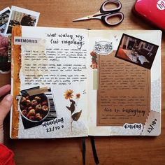 an open scrapbook with pictures and writing on it, next to a pair of scissors