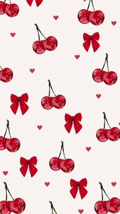 cherries and hearts on a white background with red bows, hearts and leaves in the center