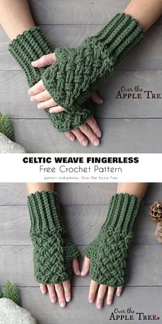 two photos showing the same hand knitted fingerless gloves with text that reads, celtic weave fingerlesss free crochet pattern