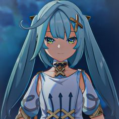 an anime character with long blue hair and cross on her chest, standing in front of a dark background