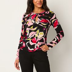 This Bold Elements women's floral-print blouse is an effortless workwear or evening style to don with slim-fit pants or jeans and heels. Made from a soft stretch jersey, this pullover long-sleeve top has a keyhole cut-out neckline. Closure Type: Pullover HeadFit: Regular FitNeckline: Keyhole NeckSleeve Length: Long SleeveApparel Length: 24.5 InchesFiber Content: 95% Polyester, 5% SpandexFabric Description: JerseyCare: Tumble Dry, Machine WashCountry of Origin: Imported Effortless Workwear, Evening Style, Keyhole Neck, Floral Print Blouses, Fit Pants, Slim Fit Pants, Red Blouses, Print Blouse, Shop Blouses