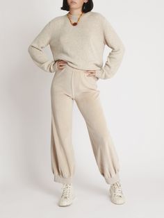 The Tosk Harem Pants in Velour – Suzie Kondi Suzie Kondi, Comfy Chic, Crewneck Sweater, New Outfits, Crew Neck Sweater, Harem Pants, Rib Knit, Lush, Winter Fashion