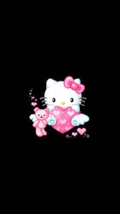 a hello kitty holding a pink teddy bear with hearts on it's chest in the dark