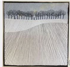 a drawing of trees in the middle of a field with lines drawn on it's sides