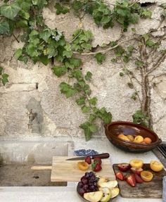 an outdoor grill with fruit on it next to a stone wall