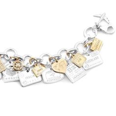 SILVER AND SOLID GOLD CHARM BRACELET BUNDLE (4401063592024) Luxury Metal Jewelry With Removable Charms, Modern Metal Jewelry With Charms, Gold Sterling Silver Bracelets With Removable Charms, Silver Charm Bracelet With Logo For Gift, Silver Charm Bracelet With Logo As Gift, Luxury Silver Jewelry For Travel, Modern Silver Jewelry With Dangling Charms, Modern Metal Jewelry With Logo Charm, Modern White Gold Jewelry With Logo Charm