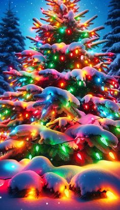 a christmas tree is lit up with colorful lights in the snow and surrounded by pine trees