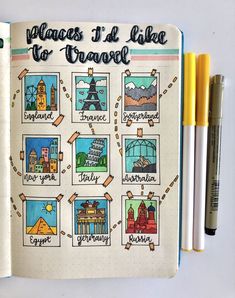 an open notebook with travel pictures and markers on the pages that are written in spanish