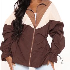 Chocolate/Combo. Windbreaker Jacket Zipper Front Collar Colorblock Oversize Fit Zip Front 100% Nylon Trendy Brown Patchwork Outerwear, Trendy Khaki Windbreaker For Fall, Beige Nylon Outerwear For Fall, Fall Patchwork Nylon Windbreaker, Brown Hooded Nylon Outerwear, Oversized Beige Windbreaker For Fall, Trendy Nylon Windbreaker For Fall, Spring Nylon Outerwear With Patchwork, Brown Long Sleeve Windbreaker For Fall