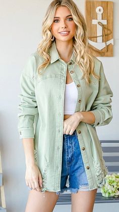 Distressed Button Down Shacket-Sage Green Collared Greens, Graphic Apparel, Laid Back Style, Button Front Shirt, Sage Green, Down Jacket, Shirt Jacket, Button Downs, Spandex