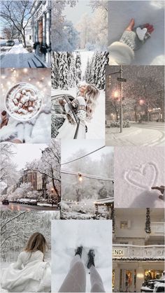 the collage shows many different scenes in winter