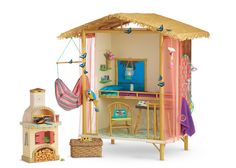 a doll house with furniture and accessories including a hammock, bed, desk