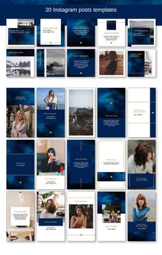 a collage of blue and white photos with the words instagramm posts templates