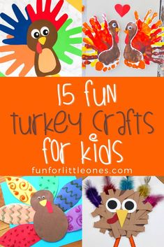 fun turkey crafts for kids to make with their hands and feet, including paper plates