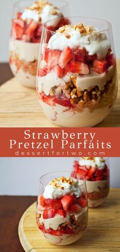 strawberry pretzel parfait dessert with whipped cream and granola toppings