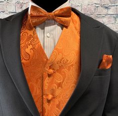 Red And Orange Wedding Groomsmen, Classic Suits With Bow Tie For Party, Classic Party Suits With Bow Tie, Fitted Tuxedo With Satin Bow For Formal Occasions, Formal Fitted Tuxedo With Satin Bow, Elegant Fitted Bow Tie For Groom, Fitted Bow Tie For Groom, Fitted Tuxedo Bow Tie For Groom, Orange Suit Mens