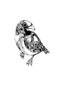 a black and white drawing of a bird