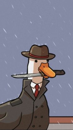 a duck wearing a hat and trench coat holding a knife in its mouth while standing next to a bird