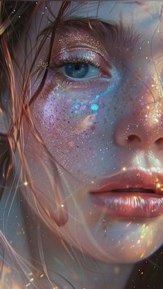 a close up of a woman's face with glitter on her body and hair