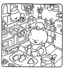 hello kitty cooking in the kitchen with her friends coloring book page for kids to color