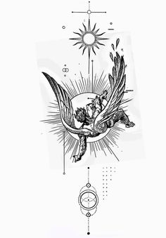 an ink drawing of a bird flying in the sky with sun and moon above it