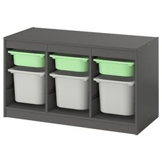 a shelf with three plastic containers and two green bins on the bottom one is empty