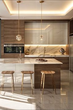 a kitchen with marble counter tops and wooden stools next to an island in the middle