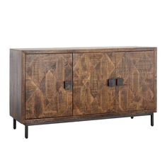 the sideboard is made out of wood and has two doors on each side, with metal handles