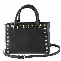 MICHAEL KORS SAFFIANO LEATHER KELLEN STUDDED XS SATCHEL BAG               BLACK Zipper closure Imported Saffiano leather with gold tone studs detail and rectangular plaque in front. Double top handles with 3.5" drop and a removable longer strap for shoulder/cross body wear, 23" drop. Three compartments consists of front zip, middle open top center tab magnetic closure and open back with magnetic closure. Lined interior with one zip pocket, four multifunction slip pockets and MK's leather patch. Designer Michael Kors Satchel With Branded Hardware, Designer Michael Kors Satchel With Metal Hardware, Michael Kors Satchel, White Gold Studs, Studded Bag, Michael Kors Crossbody, Leather Handbags Crossbody, Black Leather Bags, Satchel Purse