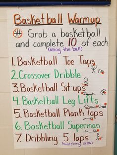 a basketball warmup poster hanging on the wall in front of a door with instructions