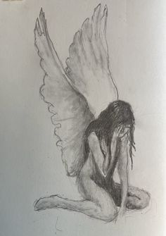 a pencil drawing of a woman with wings on her back sitting down and looking at the ground