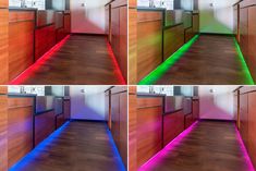 four images of the same room with different colored lights on them and wood flooring