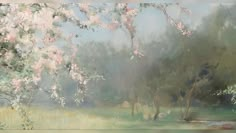 an oil painting of trees and flowers in the foggy day time, with water running through them