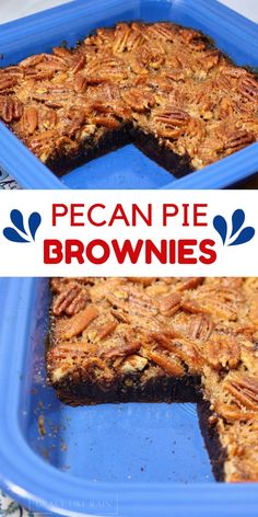 pecan pie brownies in blue plastic trays with text overlay that reads pecan pie brownies