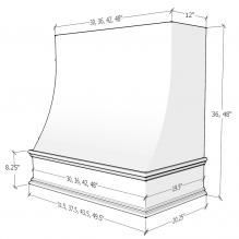 a drawing of a range hood with measurements for the top and bottom part, including the base