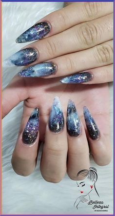 Want to make your nails look amazing? Check out these 50  nail art ideas that will make people notice you. Blue Goth Nails, Cosmic Nail Art, Witchy Nails Stiletto, Galaxy Acrylic Nails, Simple Witchy Nails, Galaxy Nail Designs, Glitter Stiletto Nails, Amethyst Nails