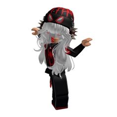 a cartoon character with long white hair wearing a red hat and black outfit, standing in front of a white background