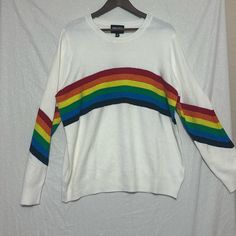 Nwt Heimish Sweater White With Glitter Rainbow Stripes! Size 1xl See Photos For Measurements And Condition White With Glitter, Rainbow Clothes, Usa Sweater, Glitter Rainbow, White Rainbow, 3rd Party, Sweater White, Rainbow Color, Pullover Sweater Women