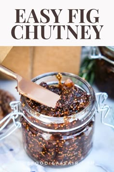 Fig chutney in a glass jar with a small knife. Fresh Fig Chutney Recipe, Fig Chutney, Spiced Fig Jam, Dried Fig Jam Recipe, Pickled Figs Recipe, Recipes With Dried Figs, Fig Chutney Recipe, Chutney Recipes Christmas