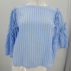 Blue And White Stripe 2 Tier Belle Sleeves With Pearls 22" Long Pit To Pit 19" Euro 38 Fluffy Sleeves, Ditsy Floral Top, Blue Cami, Mock Neck Shirt, Big Sleeves, Beaded Blouse, Sheer Shorts, Black Long Sleeve Top, Peplum Blouse