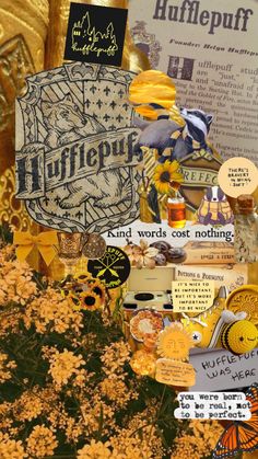 a collage of pictures with yellow and black designs on them, including an emblem for the harry potter school