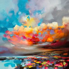 an abstract painting of colorful clouds over water