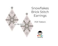 the snowflakes brick stitch earrings pattern is shown in black and white with text that reads