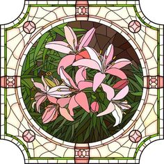 a stained glass window with pink lilies in the center and green leaves around it