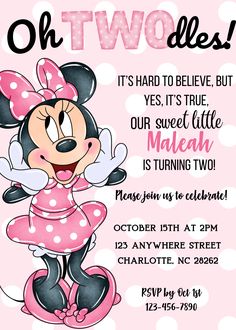 a minnie mouse birthday party with pink polka dot dots and the words, oh twodles