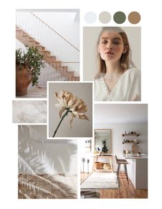 a woman standing in front of a staircase with flowers on the floor and other things around her